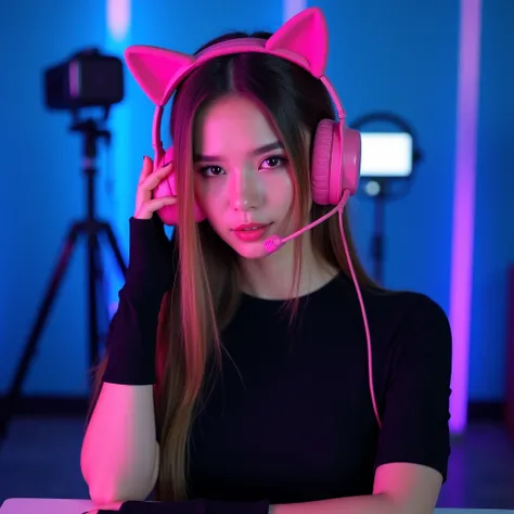 A young woman with long, straight light brown hair poses holding a pink headset with cat ears.  She has a confident and slightly seductive expression ,  looking directly at the camera .  Her skin has a soft glow and her makeup is subtle ,  highlighting the...