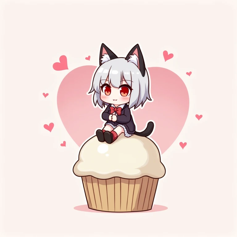 Cat earsの girl, Cat ears,  bob cut, red eyes red eyes ,  sitting on a big cupcake,  illustration,  girl,  cute cute cute ,  valentine、 boots🥾、nyaruko-san,  chibi!!!   Neferpitot,  chibi,  Maple Story , 、 chibi,    senko-sa  , kawaii  chibi,  minimalist、 ch...