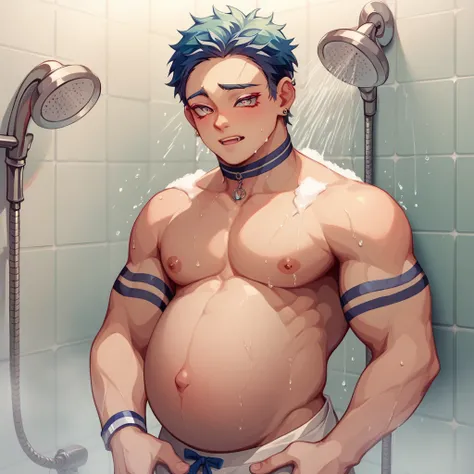 Shirtless Pregnant man is in the shower 