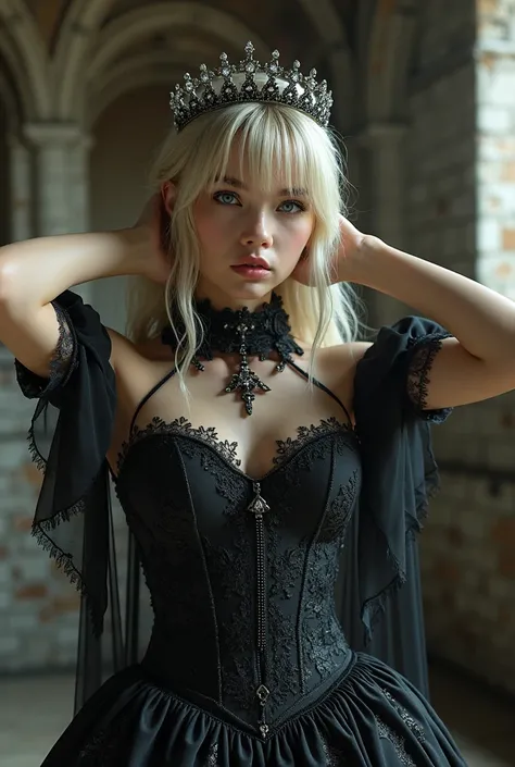 A girl,queen in gothic dress,British,european,blonde,bangs bangs,pretty face,thick upper arms,tiara,armpit,hands behind head