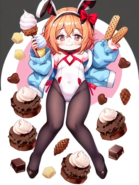 Young girl， chibi, chubby  ， obesity，Bunny ears， leotard，   full body shot   ，silk hat， ice cream， chocolate chips，smile