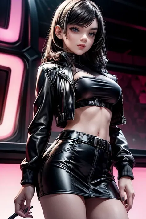 Young woman, cyber style,  intense black hair ,  Brown Eyes, ,  black leather jacket , short latex skirt, Slim abdomen, refined seduction, serious eyes,  looking at the camera,  seductive smile,  composition epic character,  natural lighting ,  sharp focus...