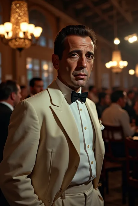  Portrait, Front view, close up face, looking at viewer , 1 dandy male, Humphrey DeForest Bogart,  (short brown hair, serious), (white shirt and black bow tie, Ｗhite Jacket, White pant, brown shoes) , in Bar of Casablanca, many people,  night（super detaile...