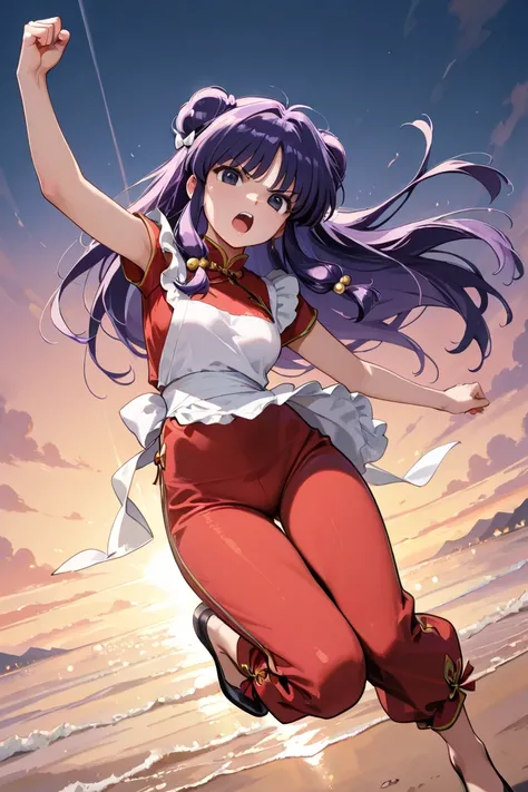 (Alone :1.3),1 girl\(Shampoo,  anime character\(ranma1/2\),beautiful,sexy, angry face, open your mouth, long hair,  watching the viewer, blows, simple bottom,  hair ornament , white bottom, dress,  black eyes ,  full body,  purple hair, sidelocks,  hair bu...