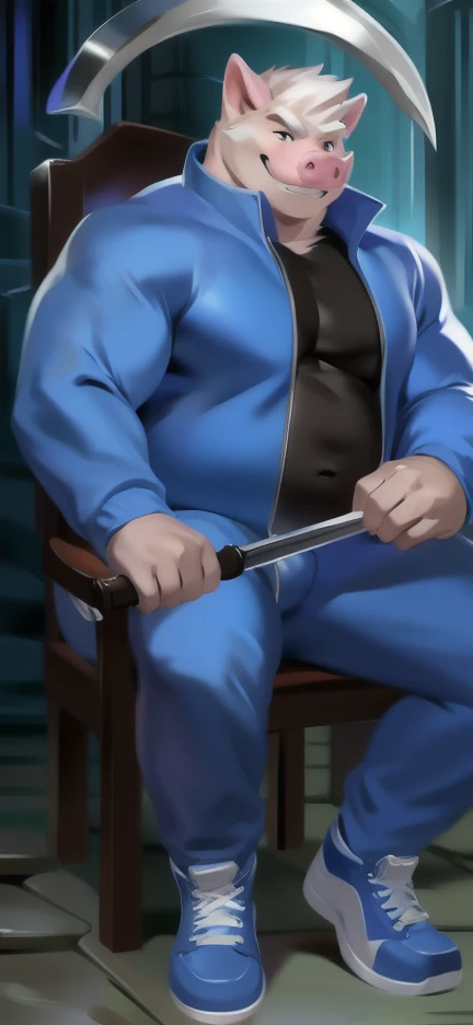 Solo, male Tall​ ,huge​ body​,​ Chair Ride ,underworld,Holding a sickle as a weapon to represent the Grim Reapers, pink pig ,ice blue Tracksuit soldier , Wear combat shoes, overweight, muscular, Smirking​ , by chunie