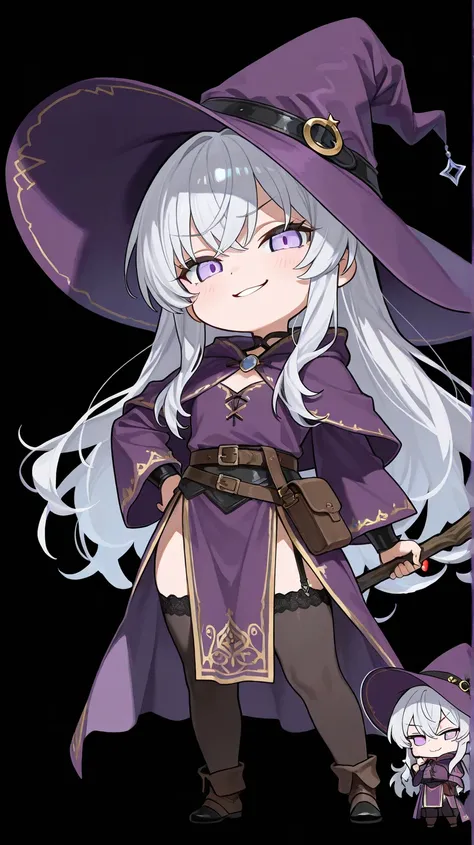   An anime HD movie scene of a mysterious 20 year old long silver hair female witch with bright light purple eyes wearing high detailed purple medieval clothes with black details and a purple witch hat with black details  while standing in a confident pose...