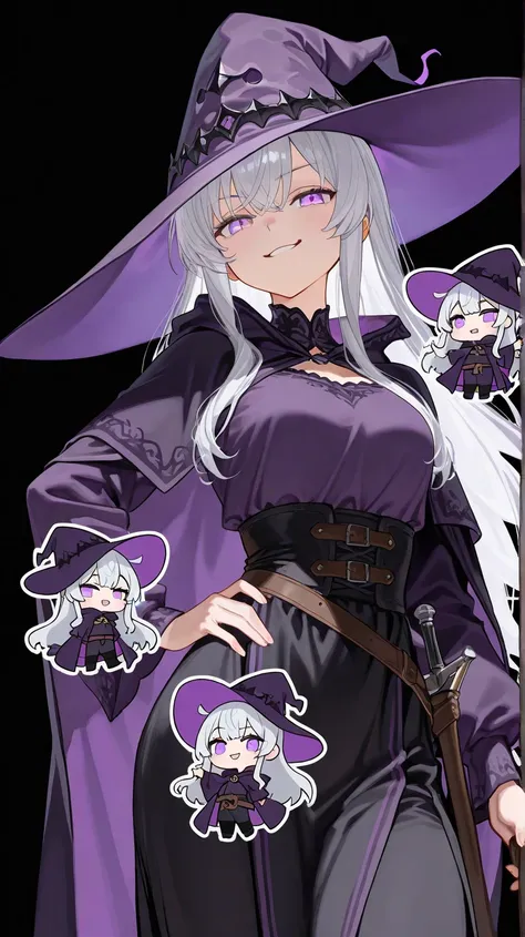   An anime HD movie scene of a mysterious 20 year old long silver hair female witch with bright light purple eyes wearing high detailed purple medieval clothes with black details and a purple witch hat with black details  while standing in a confident pose...