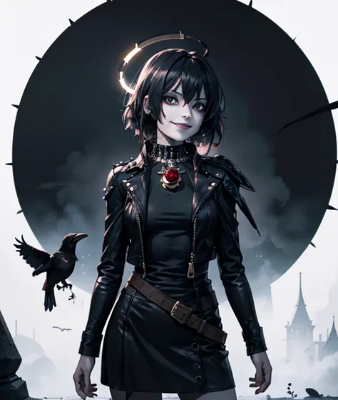 A gothic girl with a black rose tattoo, wearing a leather jacket with spikes and a black flower collar, standing alone in a gothic, horror-themed environment. She is smiling with a wicked grin, her black nails and black nail polish enhancing the dark atmos...