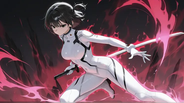 a mature 30 year old girl wearing a simple white fullbody spandex suit with black details with short black hair and black eyes holding a katana in a serious determined expression while doing a vertical slash from one side to another with a black eva unit i...