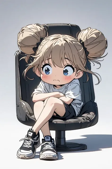 ( Masterpiece,   top quality:1.2),   anime sketch ， black＆ white ， blackラインアート， anime character design， in the seat， alone， big eyes， cute expression，double buns． shirt， work clothes，  pure white background ， sneakers，I need to stand， playful from the book...