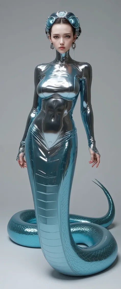 A Snake Woman made of liquid mercury, inspired by cyberpunk aesthetics, featuring a reflective surface in chrome silver and metallic neon blue. Rendered in an ultra-realistic, high-quality style with intricate details and smooth, fluid textures, evoking a ...