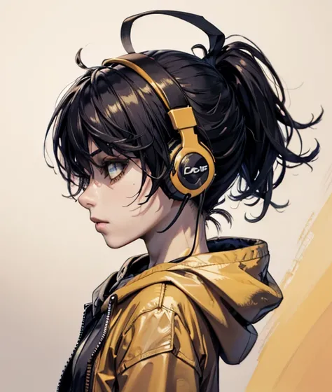 1girl, solo, short hair, simple background, jacket, upper body, hood, from side, profile, headphones, yellow background, orange background, limited palette, flat color, orange theme, very awa, masterpiece, best quality, highres, absurdres, newest, aestheti...