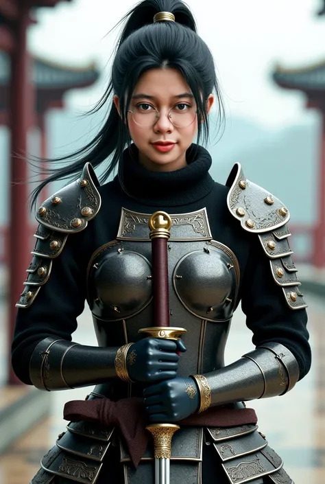 Beautifull japanese female with black ponytail hair, black knitted turtleneck sweater, wear medieval chinese armor, standing hold sword