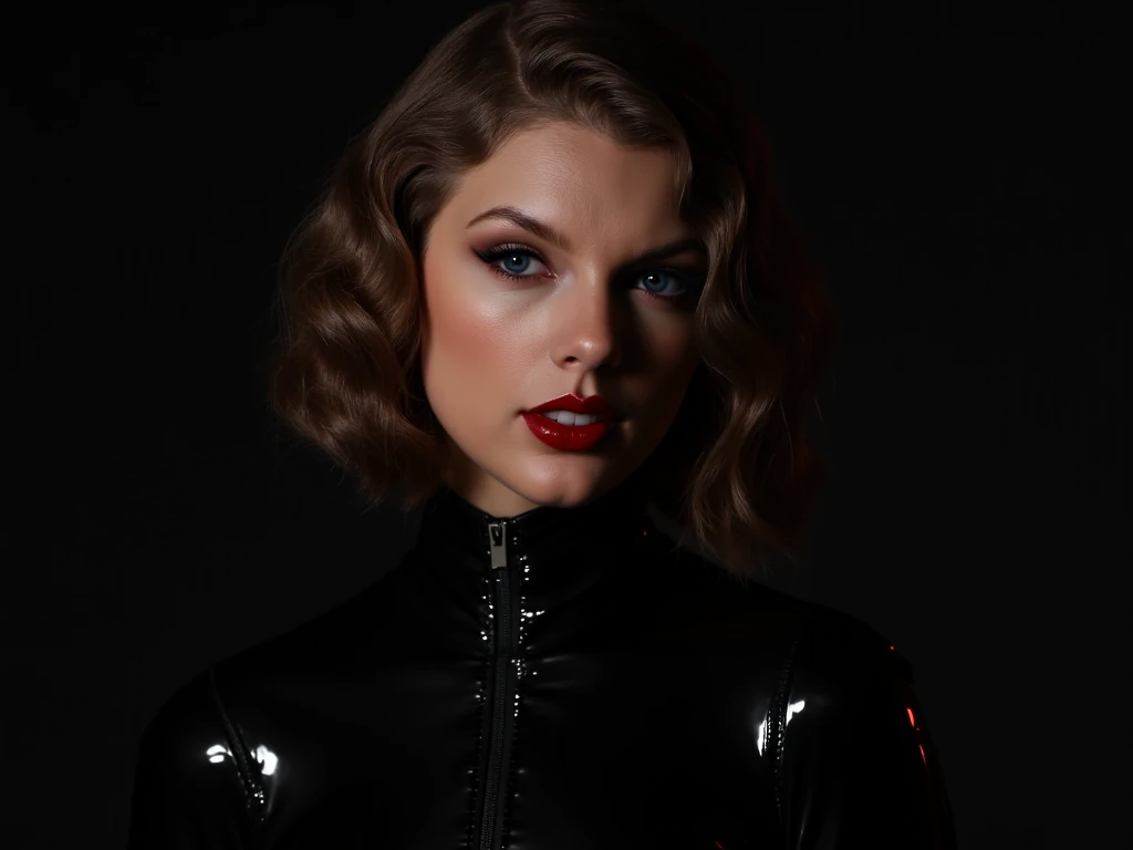 portrait of a sexy woman, wearing a latex uniform, she is wearing shiny red lip gloss, 