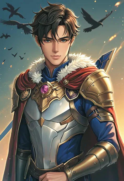 A man in armor、Man holding a sword and cloak, Male Paladin, a human Male Paladin, Arsene Lupin as a Paladin, Fantasy Paladin, Dark Paladin , epic Paladin Armor, Paladin Armor, Shadowverse character concept,  humanoid crow knight ,  Portrait of a male clerg...