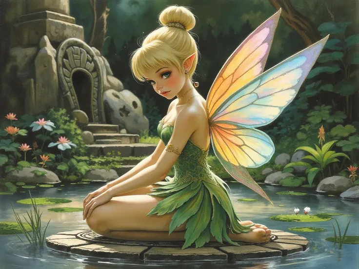 the detailed proportions and textures brushed multicolored and softened with airbrush, a semi-realistic Chinese ink illustration of an exotic beauty of the Tinker Bell Fairy (full body and shy pose, angelic face, innocent look, thick thighs, round and huge...