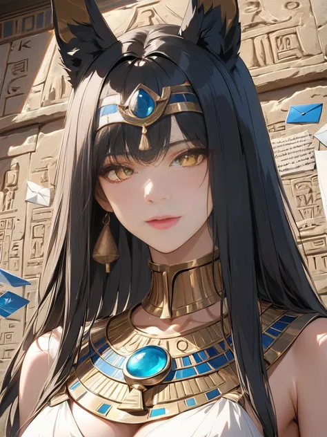  Anubis ,  black hair ,   alone,   yellow eyes  , (detalhes realistic dos olhos 1.2), portrait,  Background of Ancient Egypt ,  with hieroglyphics written on the wall ,    athletic body   ,  chest, bíceps ,   ultra detailed face  ,   Depth of field ,   hig...