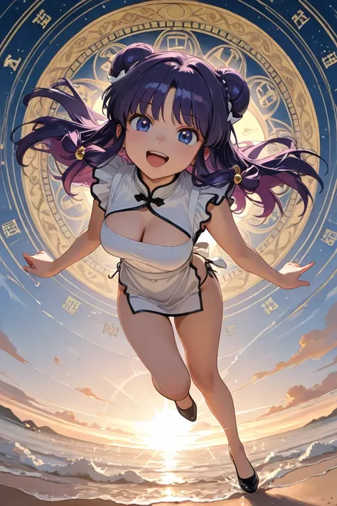 (Alone :1.3),1 girl\(Shampoo,  anime character\(ranma1/2\),beautiful,sexy,  smiling, open your mouth, long hair,  watching the viewer,  simple bottom,  hair ornament , white bottom,  micro dress,   full body,  purple hair, sidelocks,  hair bun , Campaign, ...