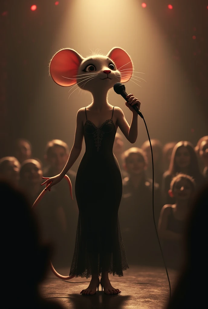 Cute female mouse singing with a microphone, with 1,65 tall in a black dress