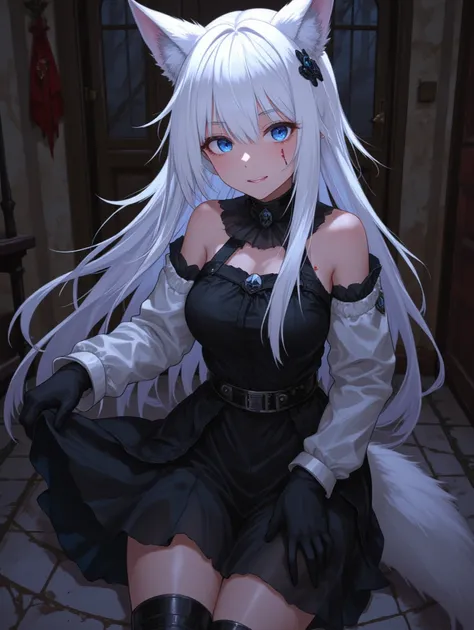 girl. White hair attached to wolf ears.  scar on the face, above and below the eye. blue eye.  Thigh-length black dress.  vibrant eyes. bloodthirsty eyes.  long straight hair.  black hair accessory (small black plates ). black gloves. Black boot close to t...