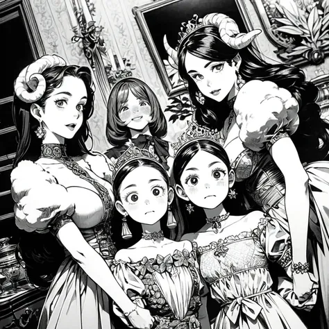  Four half-human Pegoraro girls together, white sheep hair ,  sheep horns , beautiful, wearing princess clothes, dutch angle, detailed art. (sfw)