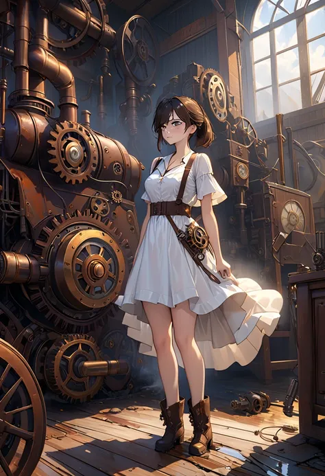 ( top quality, 4K,  Masterpiece :1.3),  1 girl completely naked, ( steampunk), scenery,  steampunk room engine, Engine Repair, Gear, Cog,  steam,  boots,  overalls,  goggles,  Dirty Face ,  are standing, mechanical, Oil on the floor, Dirty floor