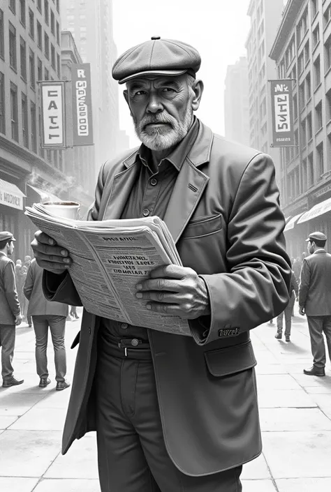 Drawing of a newspaper vendor with coffee in his hand