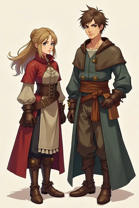 two cartoon characters of a man and a woman dressed in medieval clothes,  art style RPG coriolios , Petros e Leonid, full body RPG portrait, human game protagonist designs,  Average photo of two characters , d & full body portrait in D , jrpg character art...