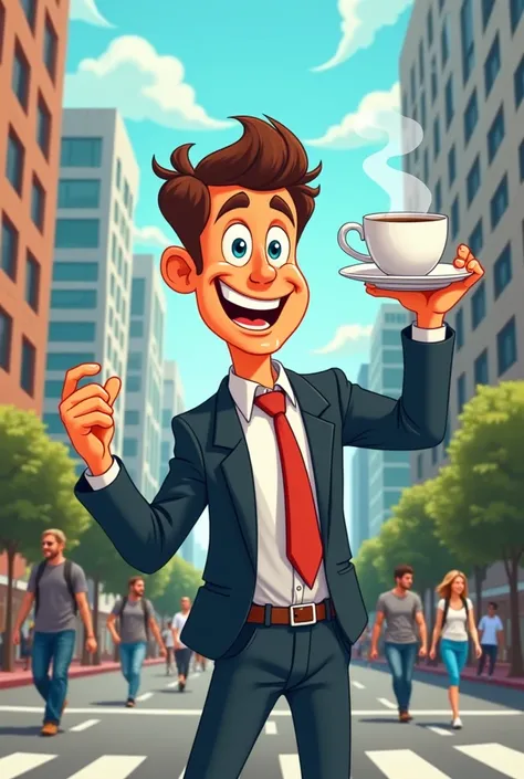 Cartoon of a daily salesman with coffee in his hand