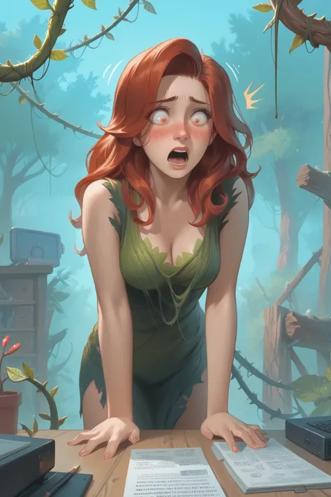 1girl, 1 tree. Groot (bark skin, moss, wooden, tall, aggressive expression) is having sex with Poison Ivy (bent over, long red hair, surprised expression, embarrassed expression, breasts, moaning, vines, thorns, bark, moss, rape face) from behind. She begi...