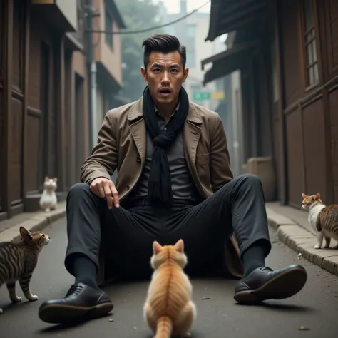 score_9,score_8_up,score_7_up,score_6_up,score_5_up,score_4_up,source_real photo, ultra-realistic, photorealistic, dramatic scene, global illumination, stray cats of various colors crossing a narrow street, a man who is surprised by a group of cats on the ...