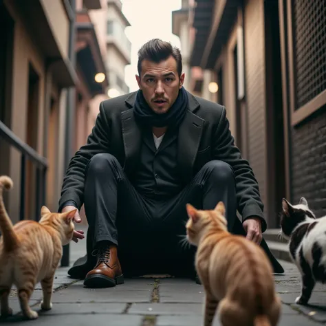 score_9,score_8_up,score_7_up,score_6_up,score_5_up,score_4_up,source_real photo, ultra-realistic, photorealistic, dramatic scene, global illumination, stray cats of various colors crossing a narrow street, a man who is surprised by a group of cats on the ...