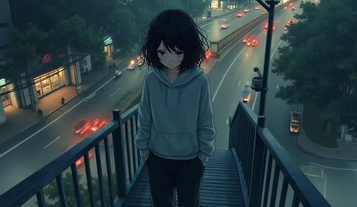 A girl in a gray hoodie, loose black pants, a  short wavy hair is propped up on a pedestrian bridge and looking from above. There are cars and motorbikes under the bridge. View from above and from the front at night