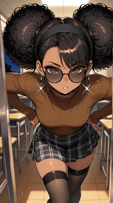 1Girl, Mature, Ebony, African American, Dark Skin, Jet Black Hair, Afro, Double Bun, Shiny Hair, Bright Brown Eyes, Black Nails, Dark Brown Eye Shadow, Medium Chest, Brown Turtleneck Shirt, Black Circular Glasses , Black Plaid Skirt, Black High-Thigh Socks...