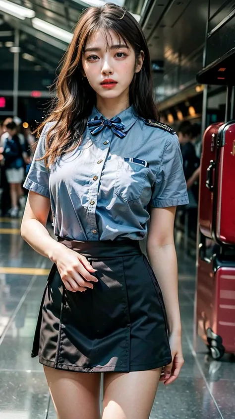 A beautiful, 24-year-old Japanese woman with perfect anatomy, healthy thighs, beautiful legs, beautiful skin, random hair color and style, large breasts, (wearing a flight attendant uniform with a mini-skirt:1.3), (she is standing:1.2), full body shot, pum...