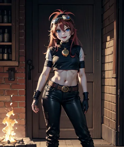 Realistic anime, young woman repairing steampunk cannon, cute, long auburn hair, big amber eyes, rich lips, cropped white top, black mechanic pants, goggles on head, fingerless gloves, large factory workshop, steampunk, full body shot, rich textures, sharp...