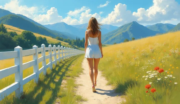 Create an image in the style of Sorolla. Focus the scene on a beautiful young woman with short dress, she have light-brown hair, she looks away while while walking next to a white wooden fence with a meadow and mountains in the distance. Capture the lumino...