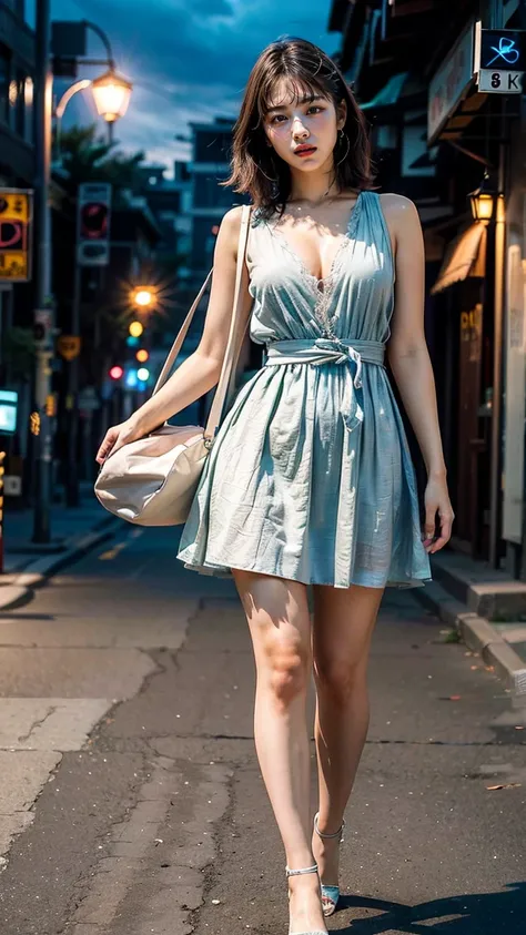 a beautiful young Japanese woman, 24 years old, with healthy thighs, beautiful legs, flawless skin, random hair color and hairstyle, large breasts, a hostess wearing a hostess dress, high heels, (she is standing:1.2), full body shot, holding a purse in one...