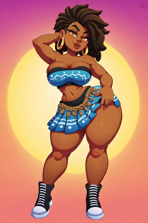 4K Quality, sexy smile, (black tribal skirt), standing up, brazillian hair, ((dark skinned)), thick thighs, big breasted, big ass, (wide hips), looking at viewer, cornrolls hair, (amber eyes), night time, bedroom eyes, full body, ((brazillian city backgrou...