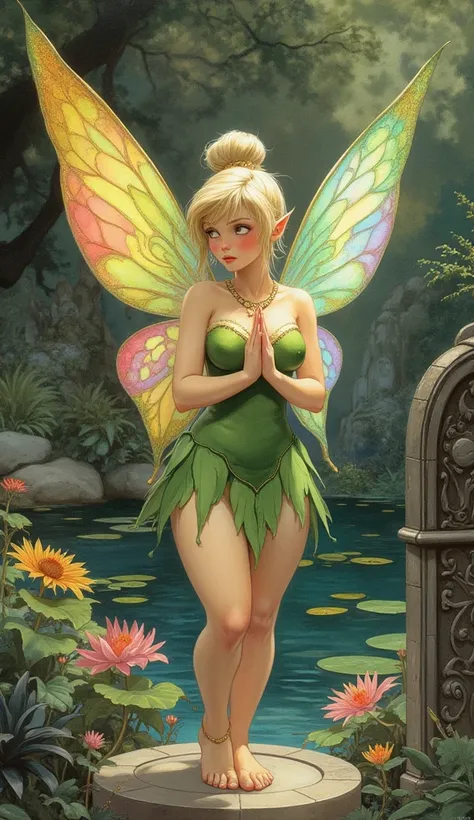 the detailed proportions and textures brushed multicolored and softened with airbrush, a semi-realistic Chinese ink illustration of an exotic beauty of the Tinker Bell Fairy (full body and shy pose, angelic face, innocent look, thick thighs, round and huge...