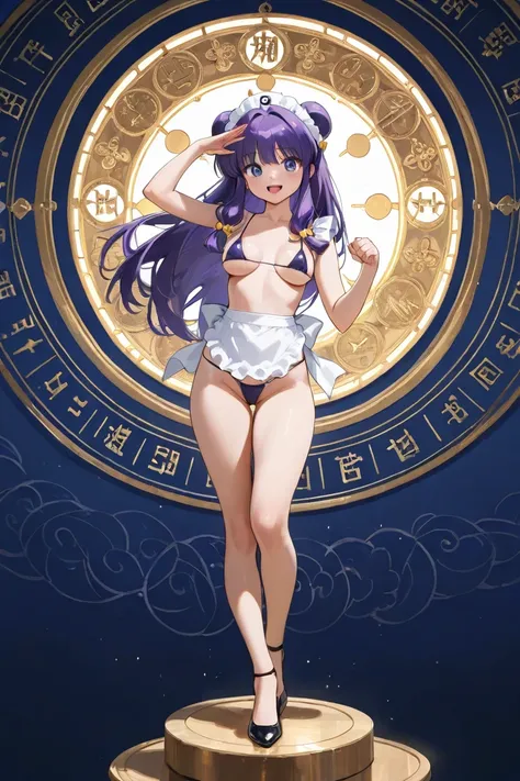 (Alone :1.3),1 girl\(Shampoo,  anime character\(ranma1/2\),beautiful,sexy,  smiling, open your mouth, long hair,  watching the viewer,  simple bottom,  hair ornament , white bottom, micro bikini,   full body,  purple hair, sidelocks,  hair bun , Campaign, ...