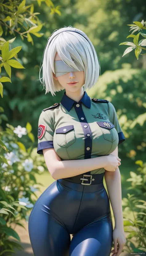 2B NieR Automata,Short white hair, black bandage covering her eyes,Big breasts, big hips, slim waist,leaft jonin uniform,With Naruto jonin uniform ,Green vest, navy blue long-sleeved T-shirt ,Navy blue long sleeve t-shirt ,Navy blue pants,