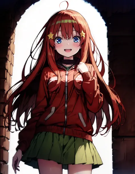 itsukinakano, Nakano Mizuki ,Alone, bangs,  blue eyes, çµç¹ , stupid hair,  long hair,Red Hair, star \(  symbol \),  Hair Ornament, star  Hair Ornament,smile,blush, open your mouth, red scarf,Red Coat,
 pleated skirt,  socks,  miniskirt,  knee-high, white ...