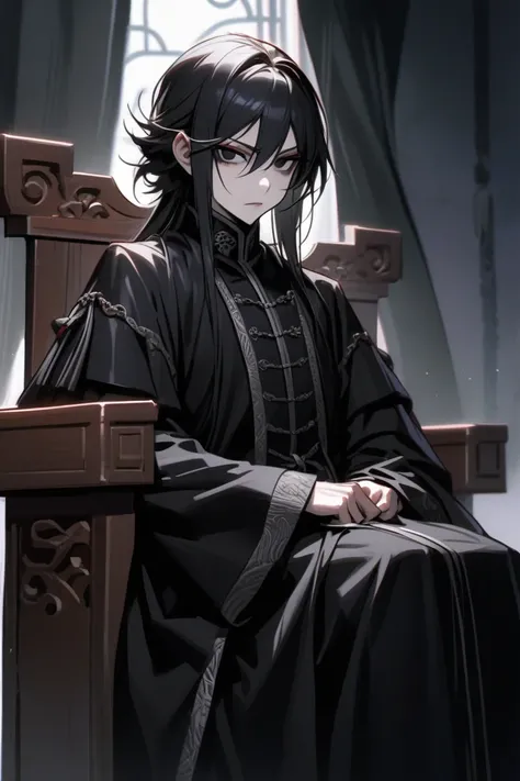 man, high, delgado, androgynous, pale,  beautiful,  black eyes,  long black hair with white threads, sinister look,  boring look, Wear black robes Chinas Nobles, sitting on a wooden throne.