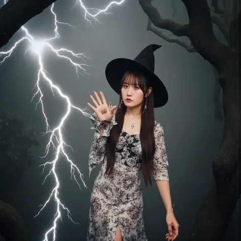 sexy witch wearing a sexy dress and hat,Lightning is coming out of my fingertips,In the forest where the background is creepy