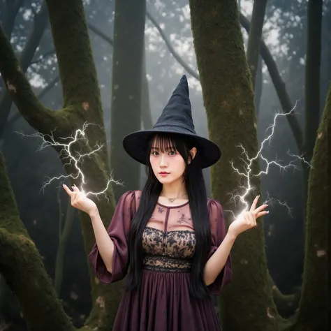 sexy witch wearing a sexy dress and hat,Lightning is coming out of my fingertips,In the forest where the background is creepy