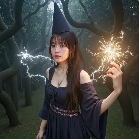 sexy witch wearing a sexy dress and hat,Lightning is coming out of my fingertips,In the forest where the background is creepy