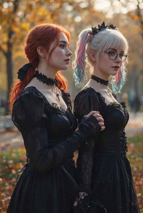 Hyper-realistic photography, side view, a day out with a goth girlfriend, she has short white hair with pink and blue pigtails, choker with crucifix pendant, glasses, black victorian dress, dark goth make-up, nose piercing, kind smile, walking together, ho...