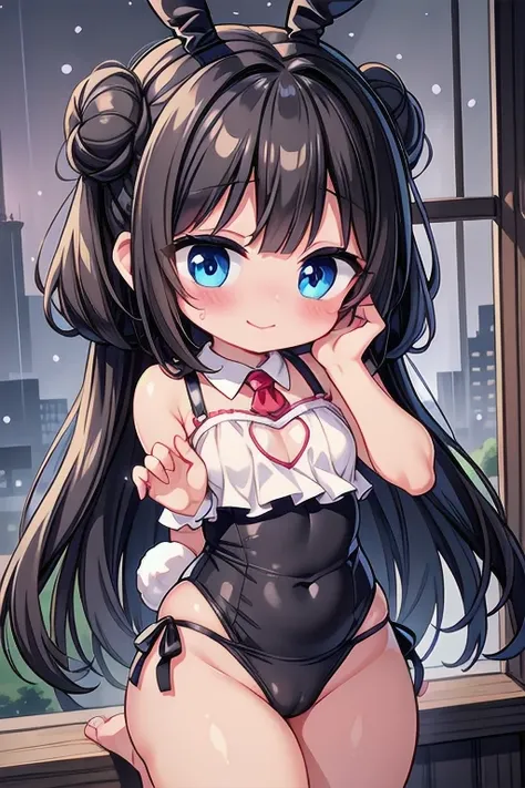 Sleeveless camisole, thick thighs, black hair, glowing eyes,(loli:1.6), showing belly, thick thigs, white, heart with hands, very happy, smile, thong, room, window, rain, thick thighs, happy, smile, very blushed, embarrassed, nervous, blue eyes, black hair...