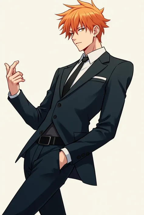 2D anime cool pose Male Character Model Wearing Black Tie Korean Hairstyle Orange Hair full body 